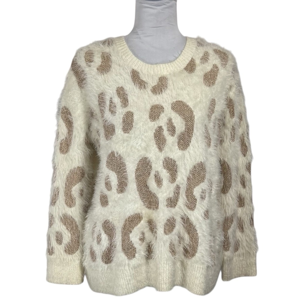 MINKPINK Fuzzy Eyelash Knit Sweater Size XS Relaxed Leopard Print Ivory‎ Gold